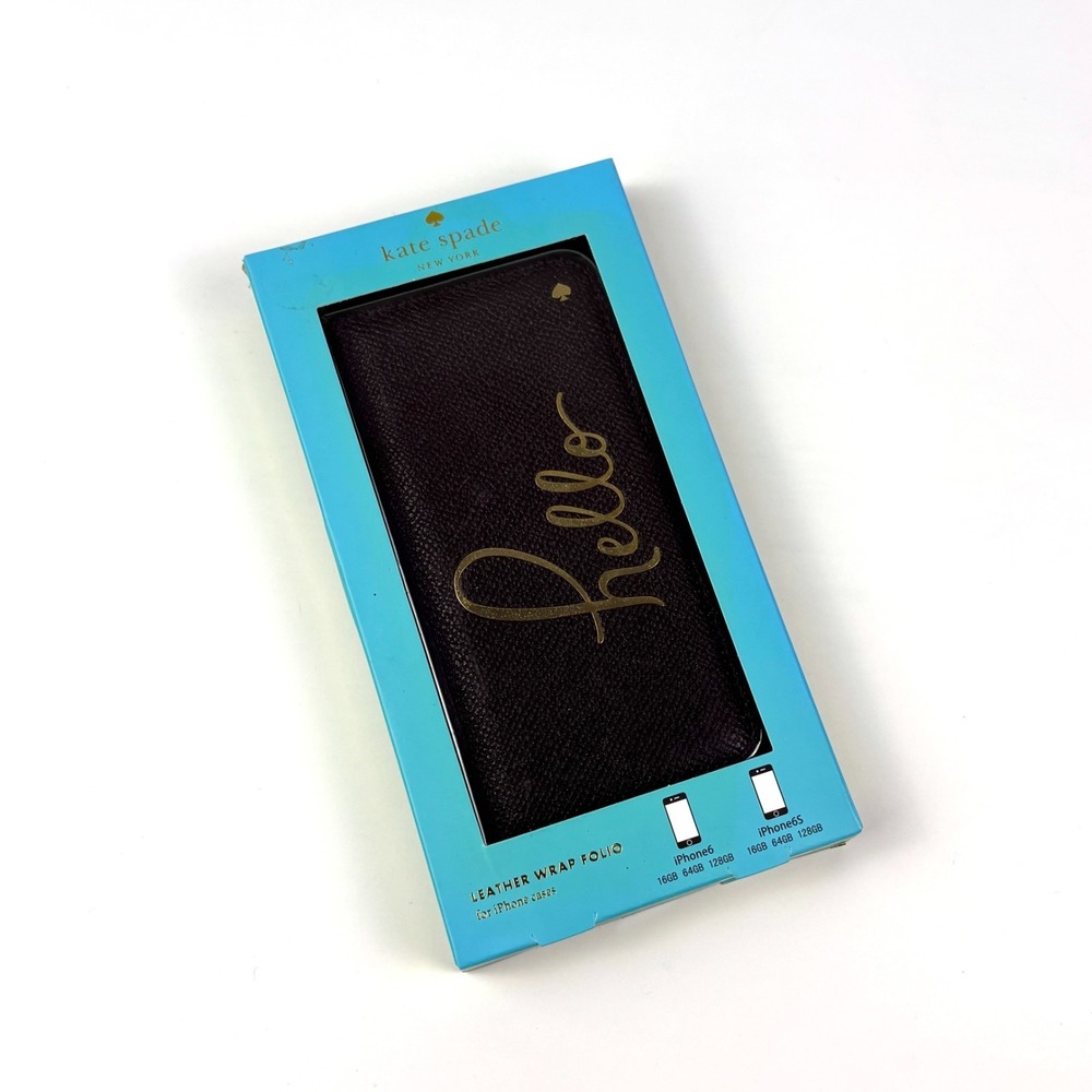 Kate‎ Spade New York Leather Wrap Folio iPhone Case 6/6S Black Gold Hello